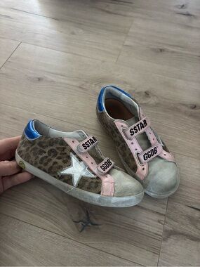 Kids Golden Goose Leopard Print Sneakers with Pink Accents and Silver Star